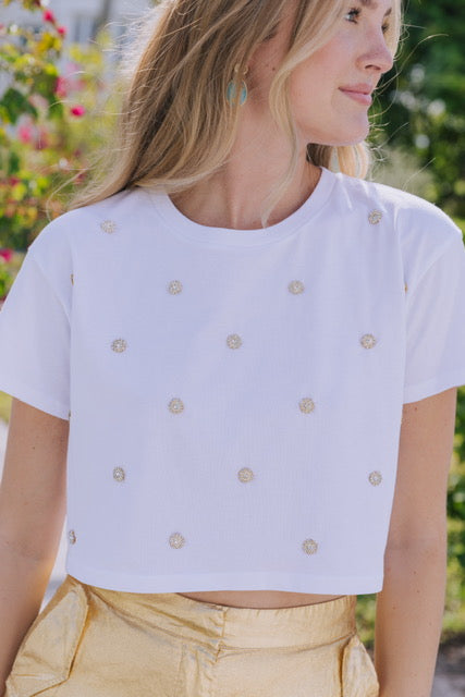 White Cropped T-Shirt with Embellishments