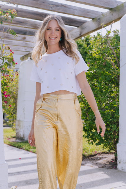 White Cropped T-Shirt with Embellishments