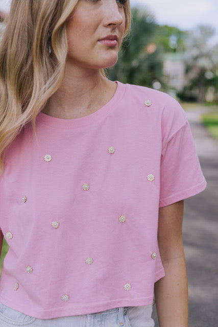 Pink Cropped T-Shirt with Embellishments