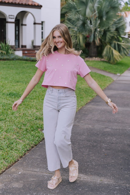 Pink Cropped T-Shirt with Embellishments