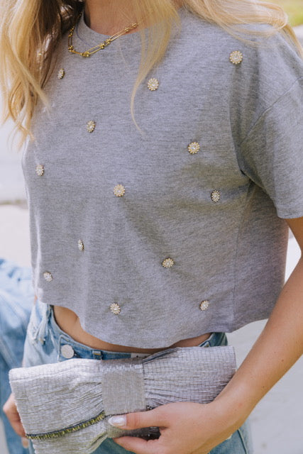 Grey Cropped Embellished T-Shirt