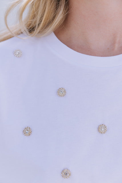 White Cropped T-Shirt with Embellishments